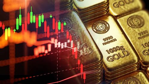 stack of shiny gold bars on down trend financial gold price graph ,concept of economy crash and financial crisis, 3d illustration.